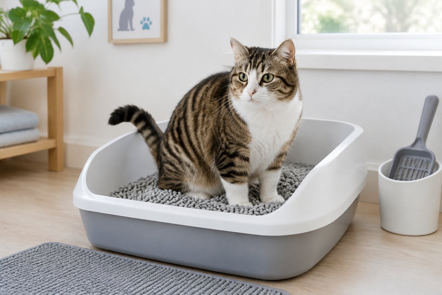 A cat using a litter box with a pellet system.