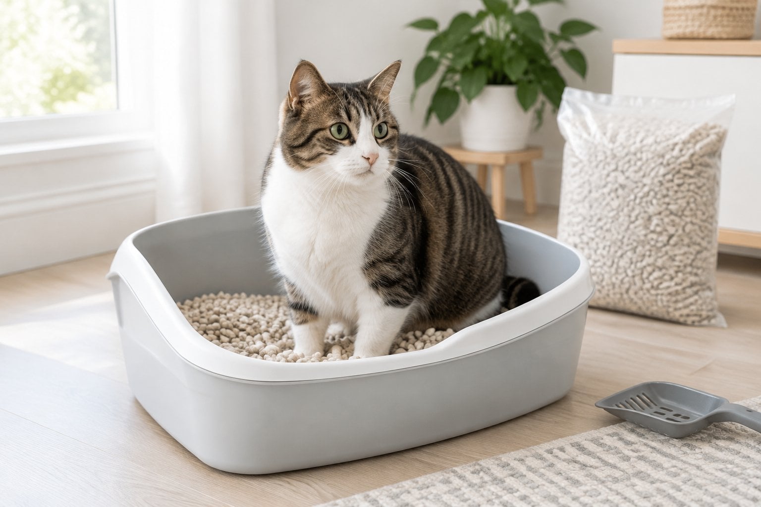 A cat stands in a litter box filled with paper pellets.