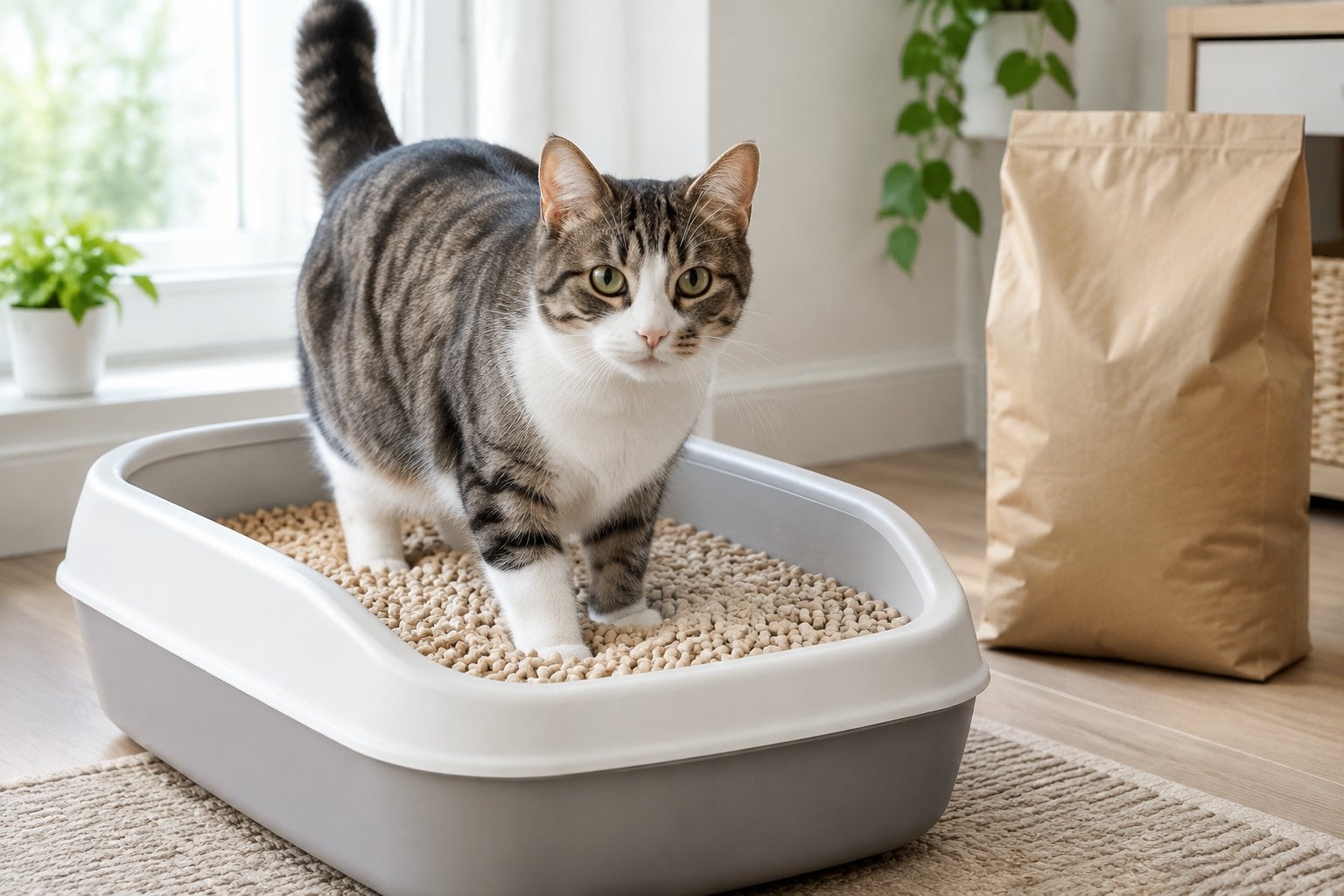 A cat sitting beside a litter box with crystal litter.