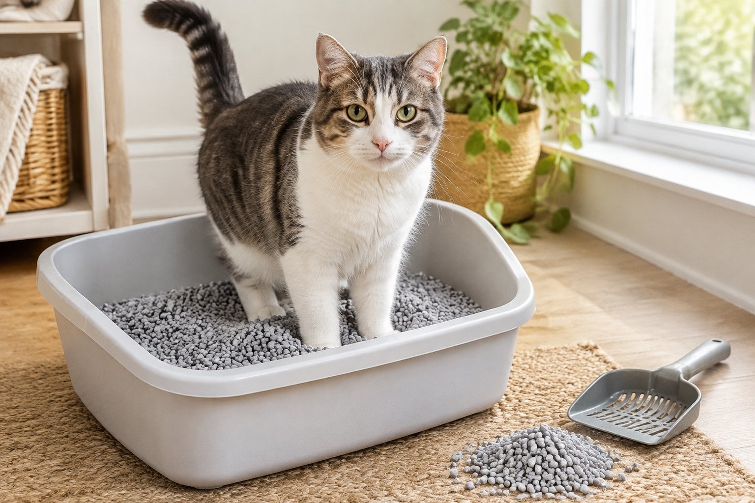A cat sniffing a litter box filled with tofu litter pellets.