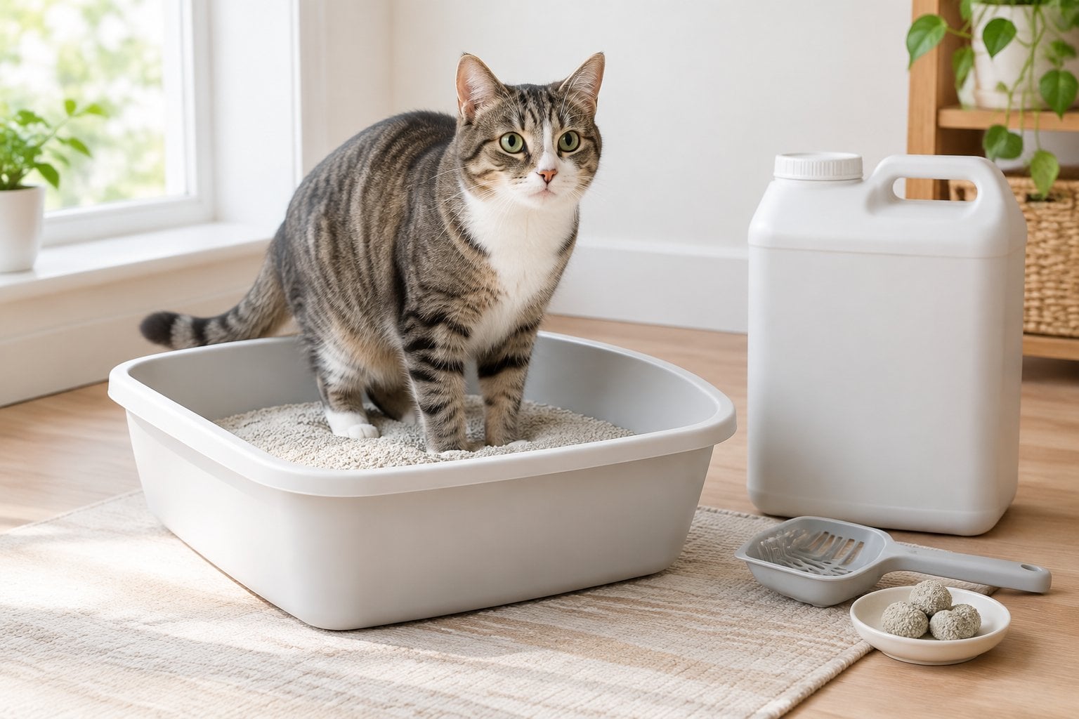 A cat stands in a clean litter box beside a litter container and scoop.