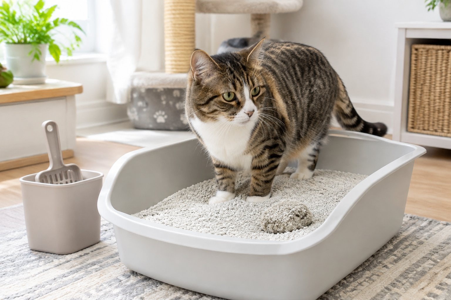A cat uses a clean litter box filled with clay litter.
