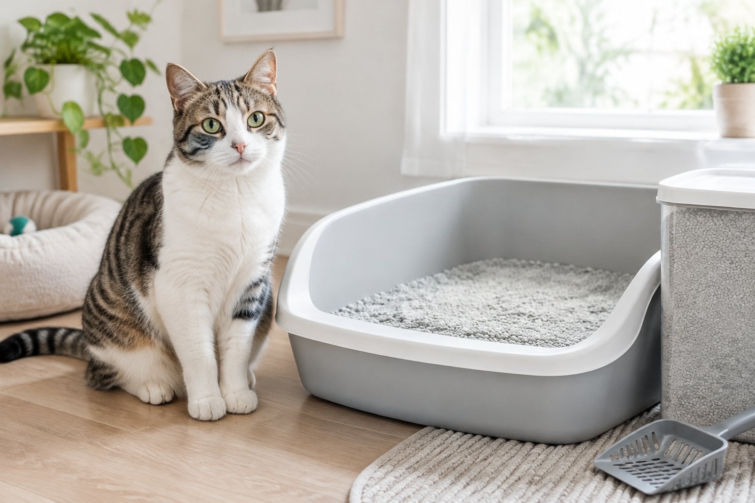 A cat standing at a litter box in a bright room.