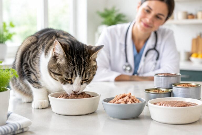 A cat eats wet food from a bowl as a veterinarian watches nearby.