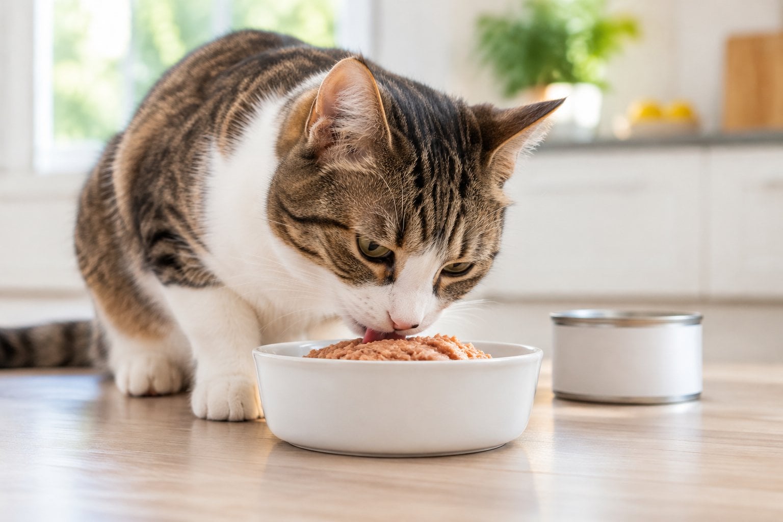 An adult cat eating tuna from a bowl beside an unopened can of cat food.