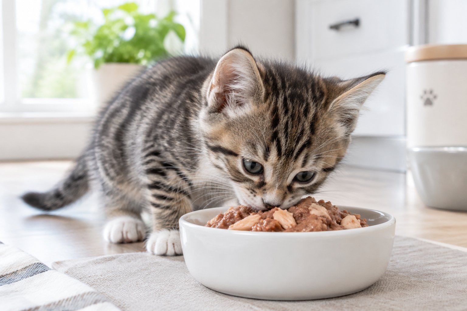 A tabby kitten eating wet food from a ceramic dish.