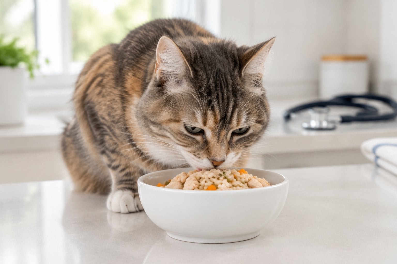 A mature cat eating chicken and rice from a bowl.