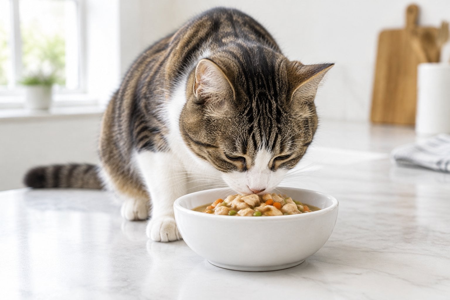 A cat eating chicken and vegetable stew from a bowl.