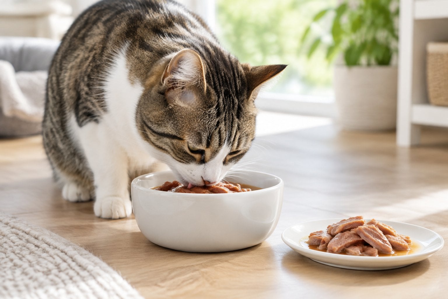 A cat eating sliced wet food in gravy from a bowl.