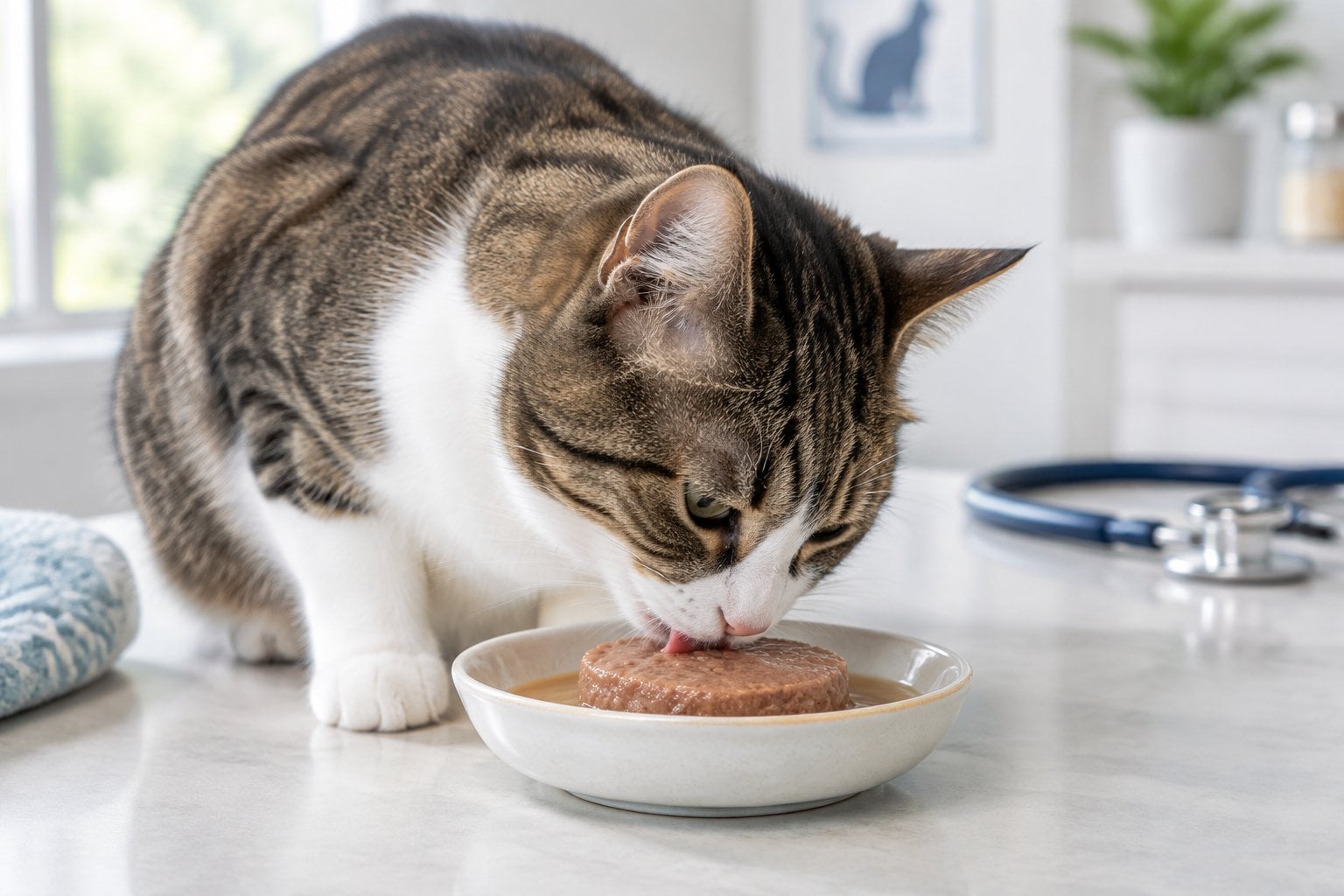 An adult cat eating wet food from a ceramic dish.
