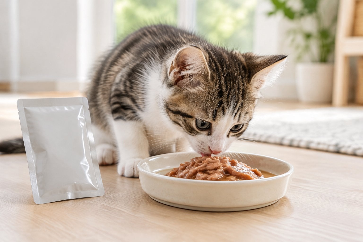 A kitten eats wet food from a ceramic dish.