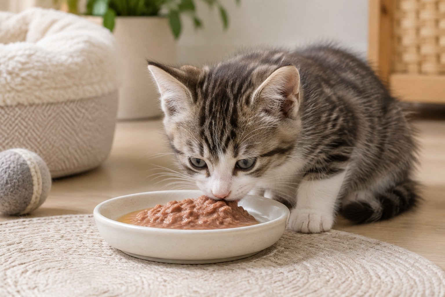 A kitten eats wet food from a shallow dish.
