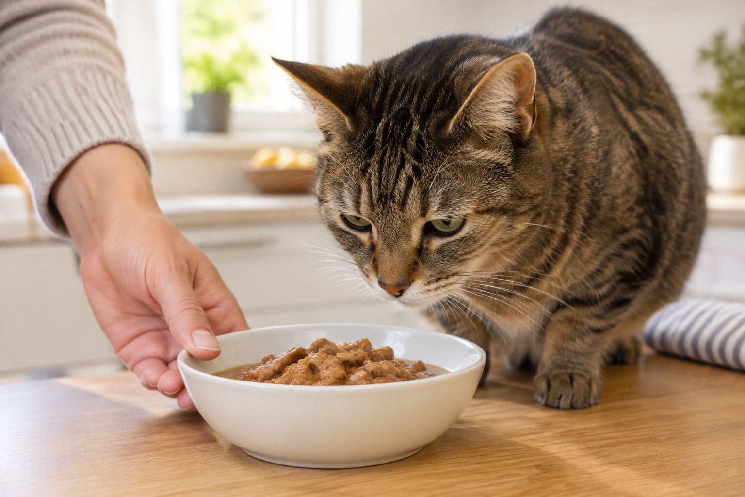 A senior cat eating wet food from a ceramic bowl.