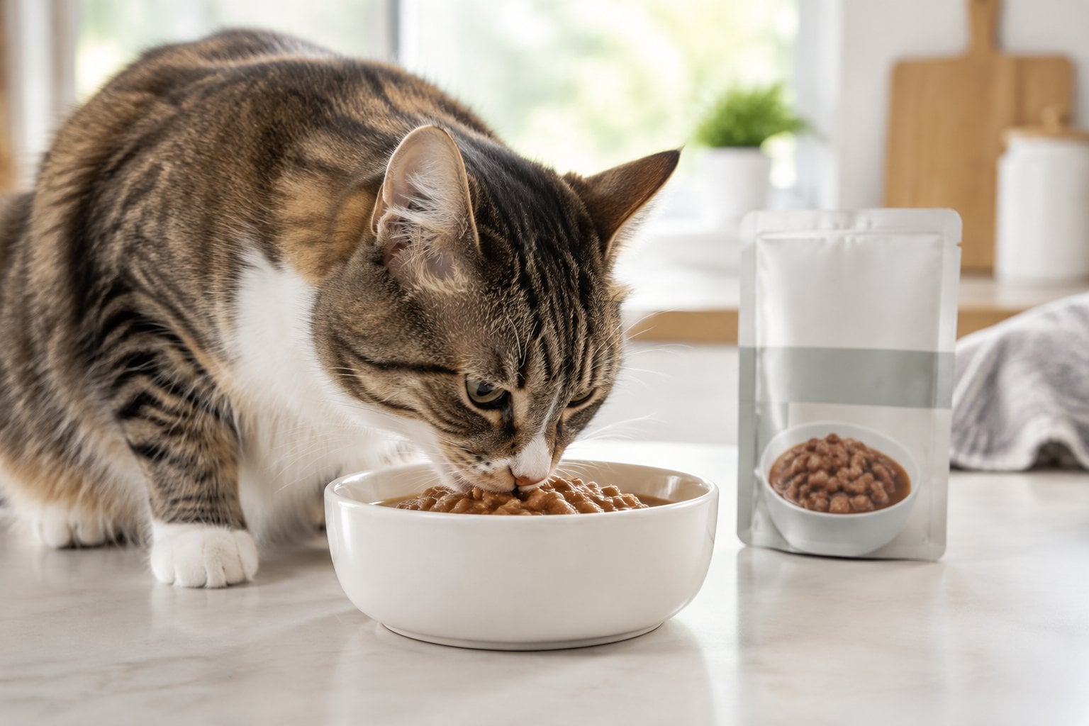 A cat eating wet food from a bowl beside a cat-food pouch.