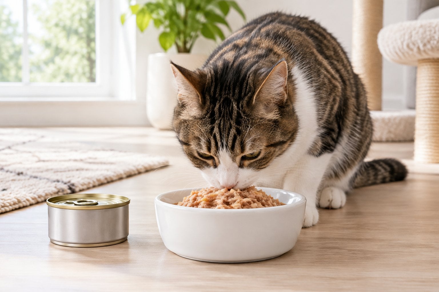 A cat eating wet food from a bowl beside an unbranded can.