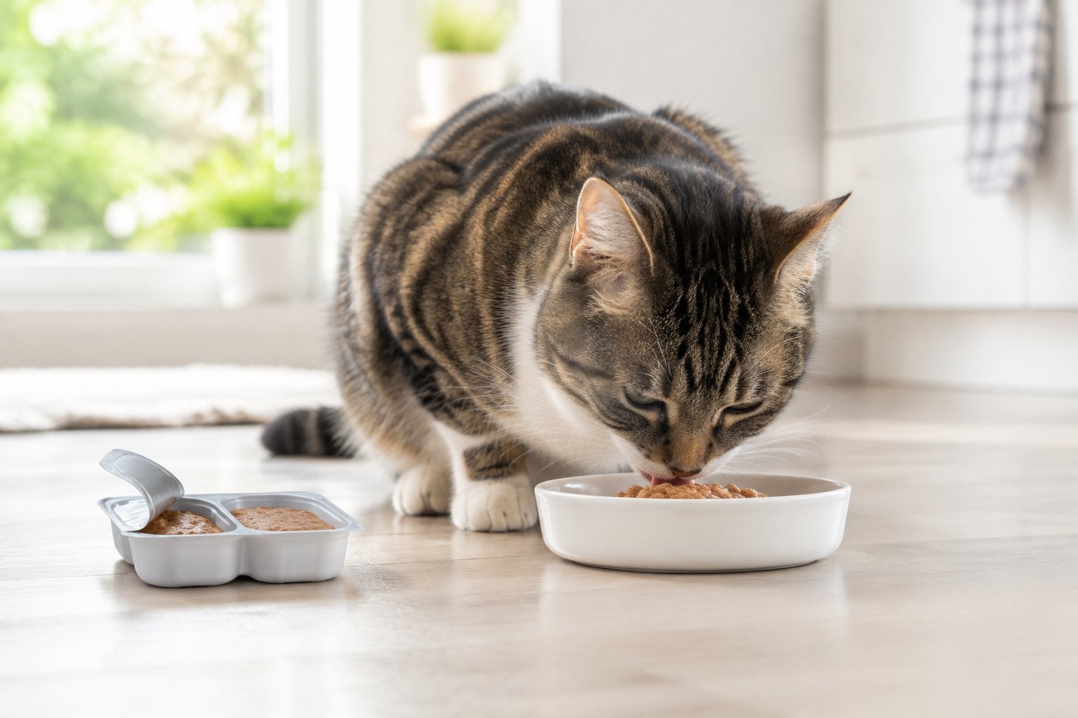 A healthy adult cat eating wet food from a dish beside an opened portion tray.