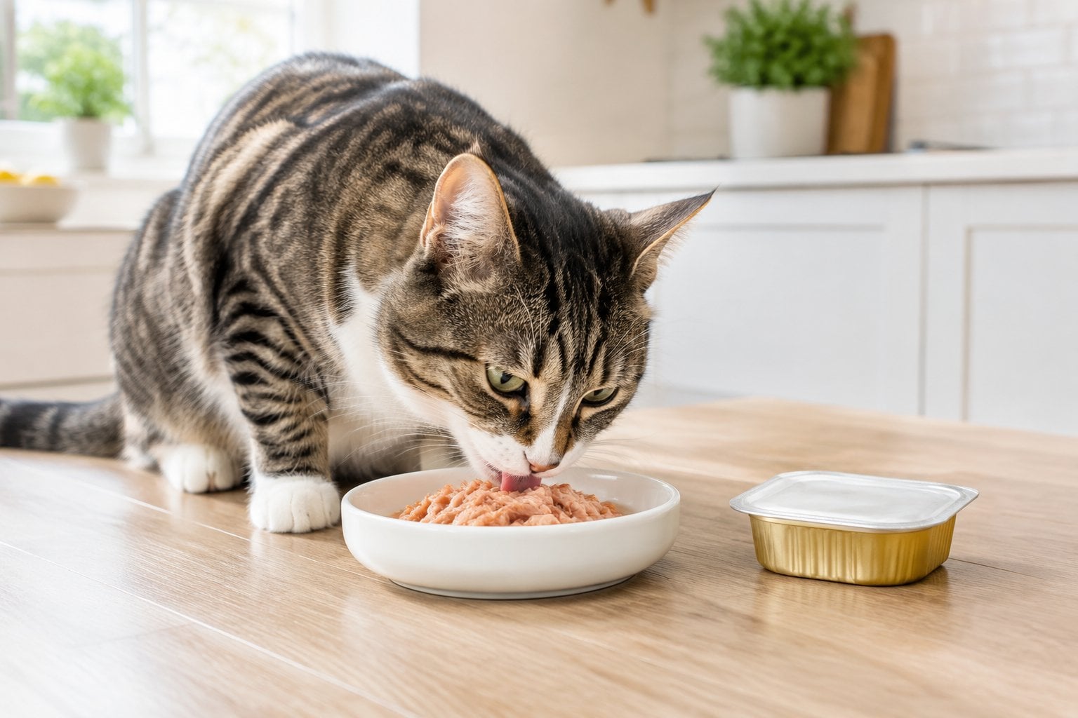 An adult cat eats salmon wet food from a dish beside a cat-food tray.