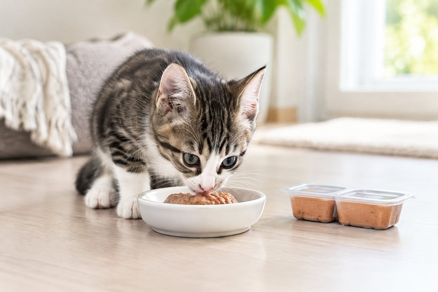 A kitten eating wet food from a small dish.