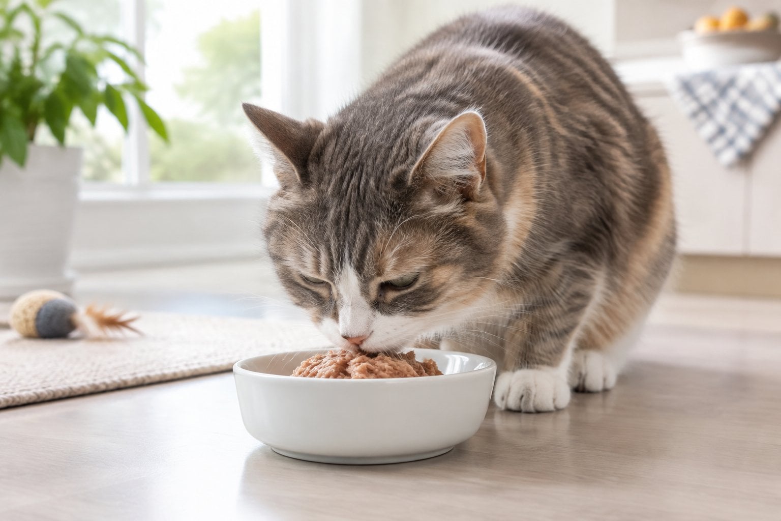 A senior cat eating wet food from a ceramic dish.