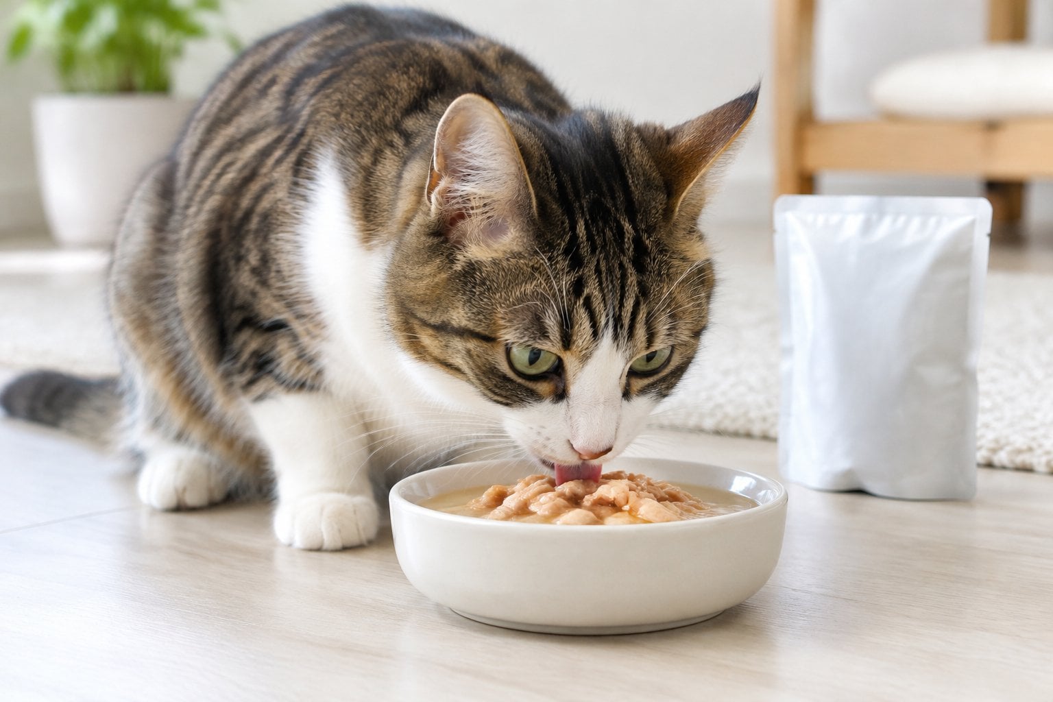 A cat eating chicken in gravy from a dish.
