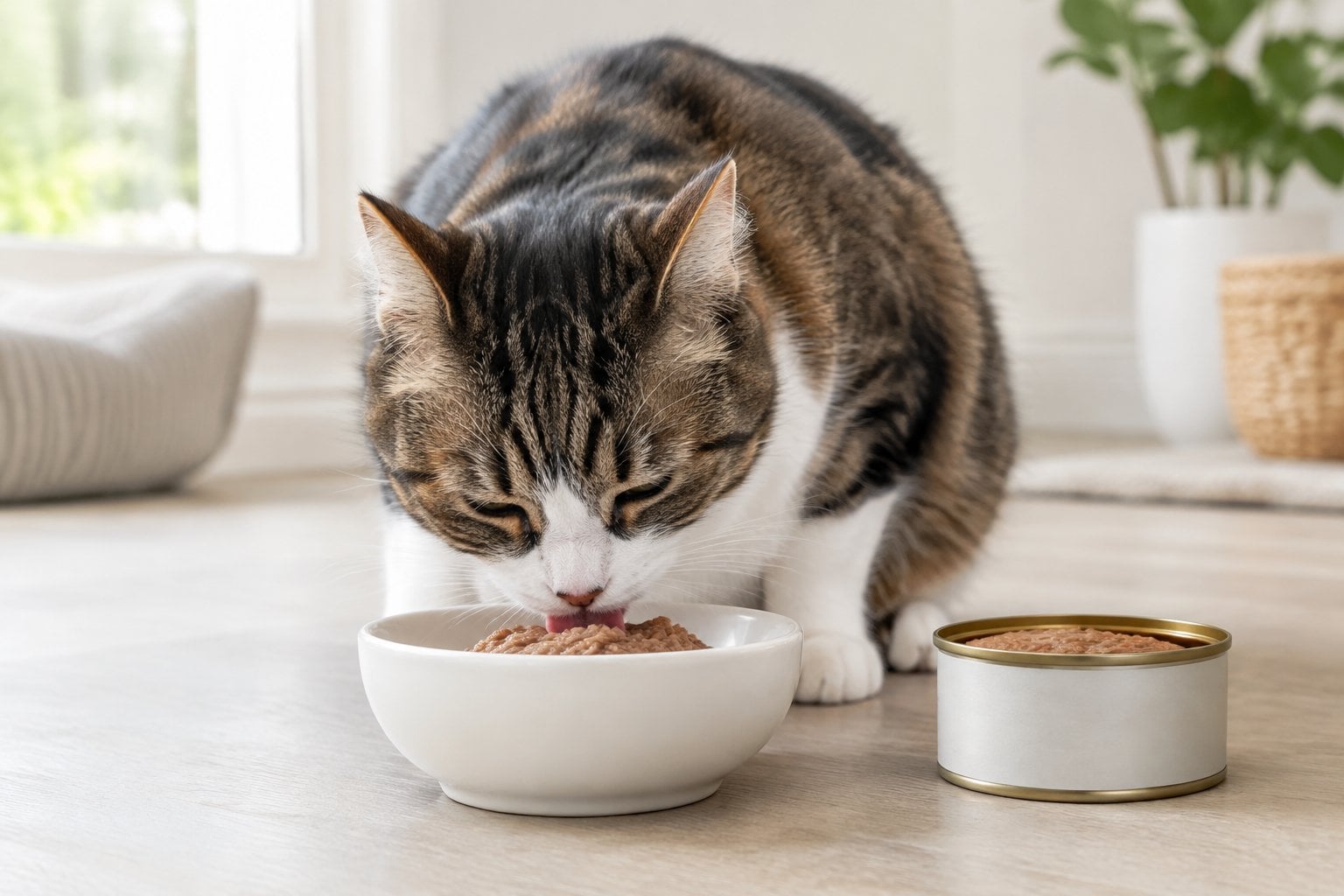 A cat eating chicken pâté from a bowl beside an open can.