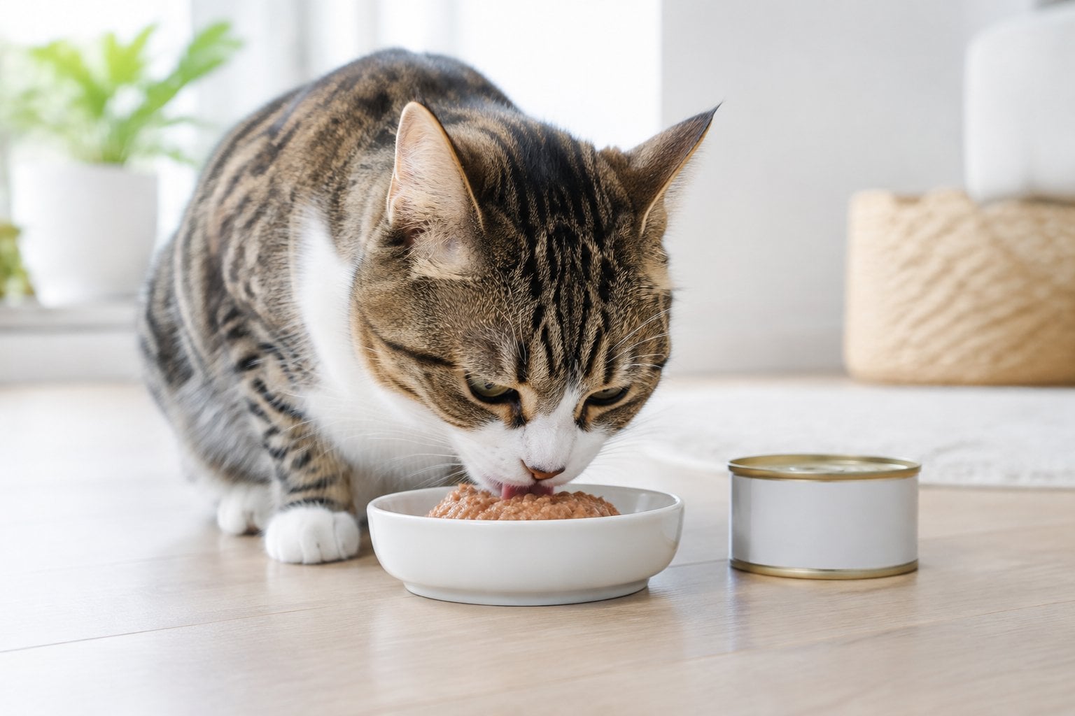 A cat eating pâté from a ceramic dish beside a pet-food can.