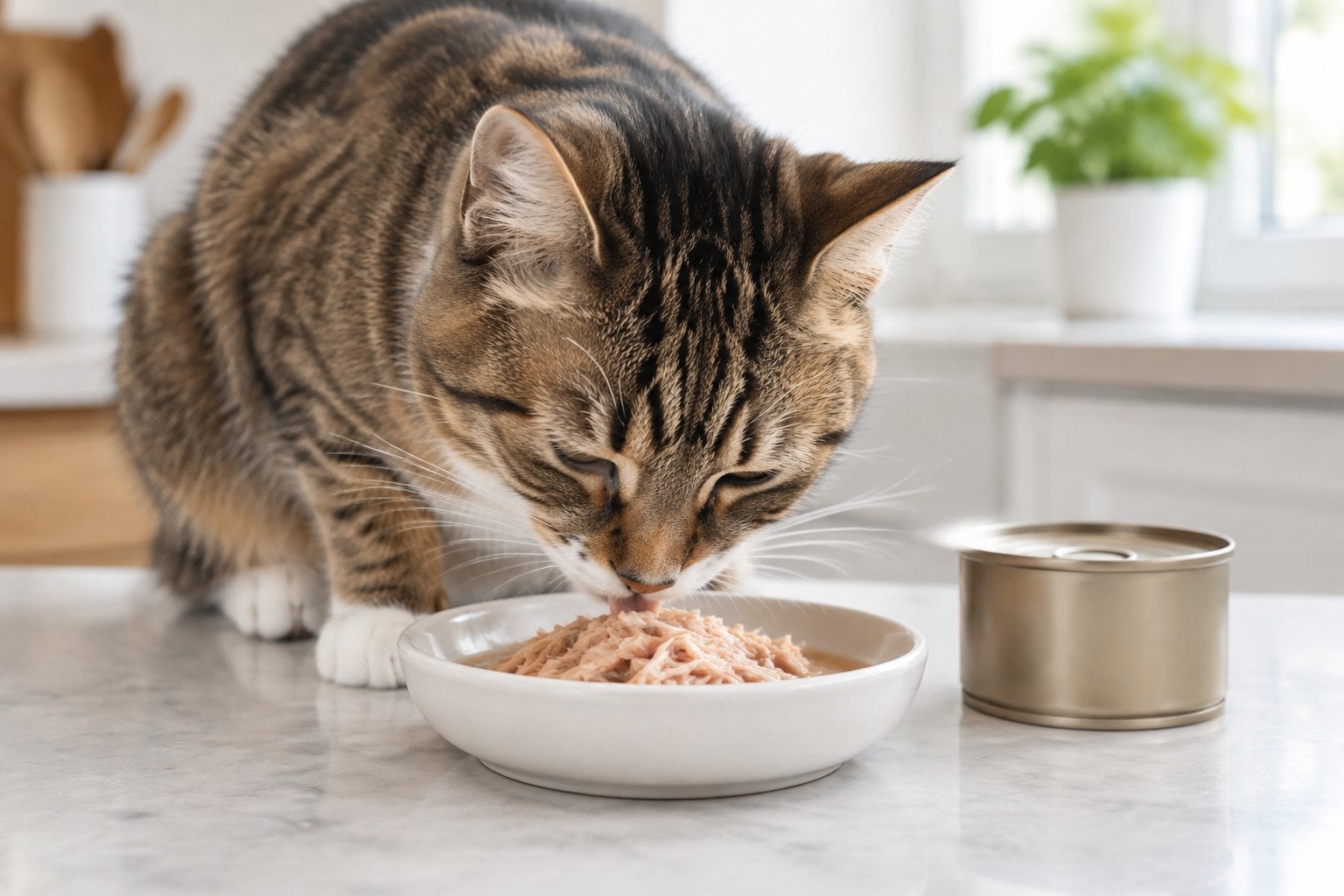 A cat eating shredded chicken wet food from a dish beside a plain can.