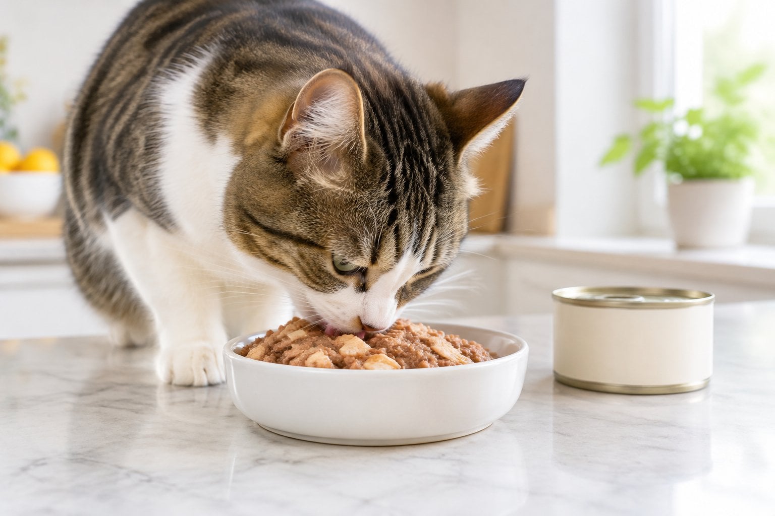 A cat eating chicken pâté from a bowl beside a plain food can.