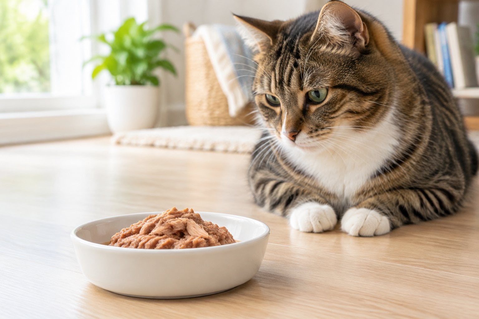 A cat looks at a dish of wet turkey food.