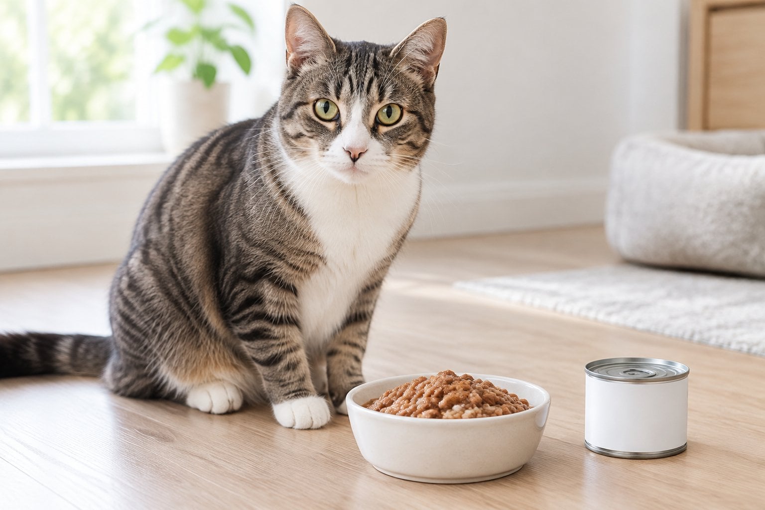 A cat sits beside a bowl of turkey and rice wet food.
