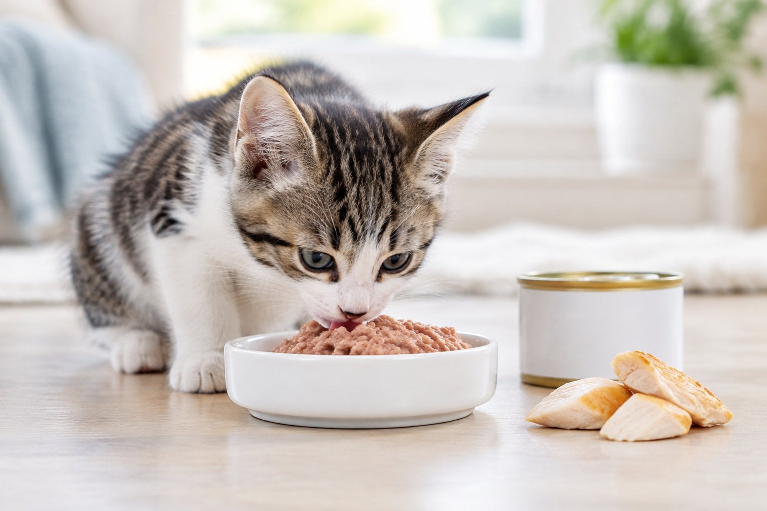 A kitten eats wet food from a ceramic dish beside an unmarked cat-food can.