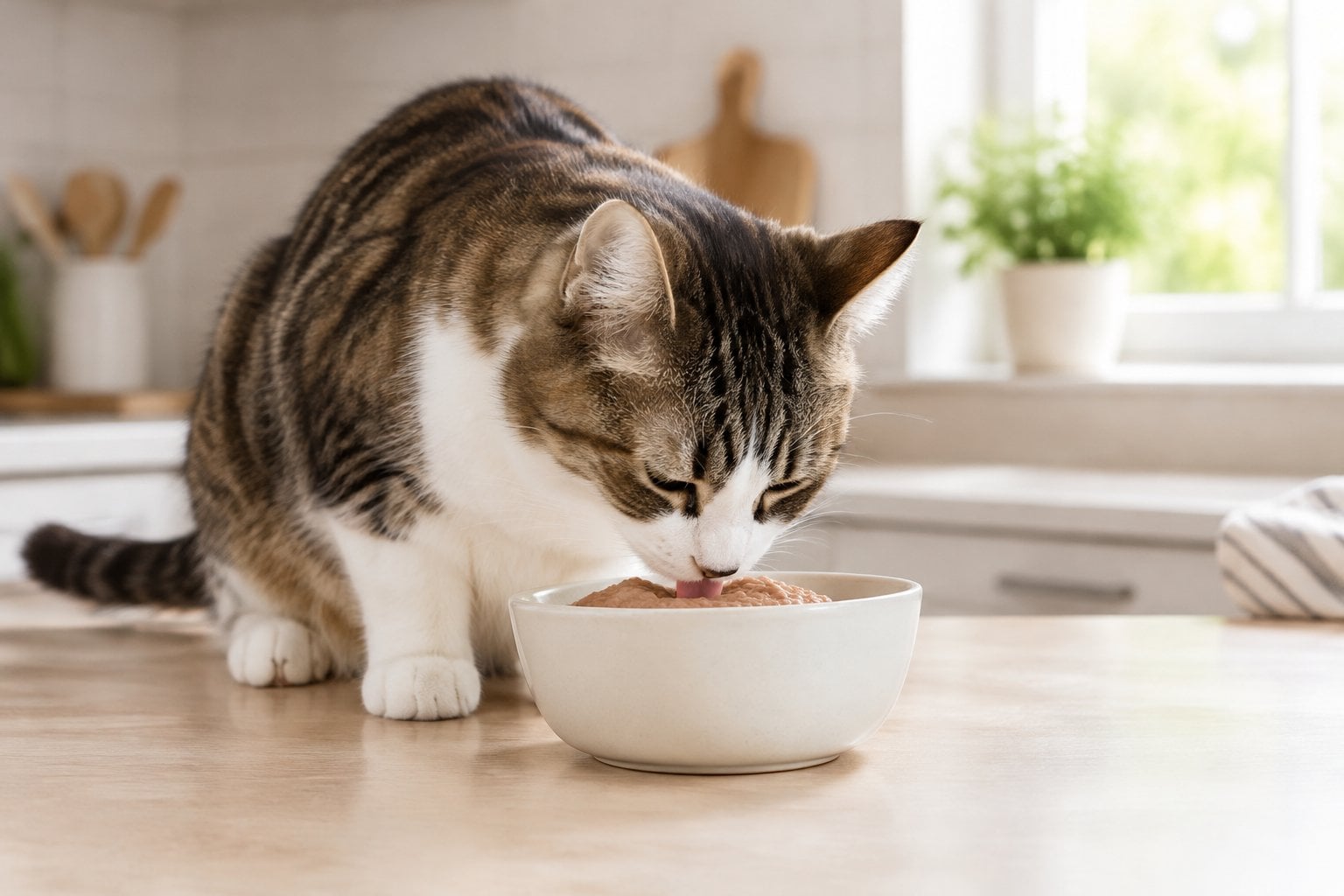 A cat eating pâté from a bowl.