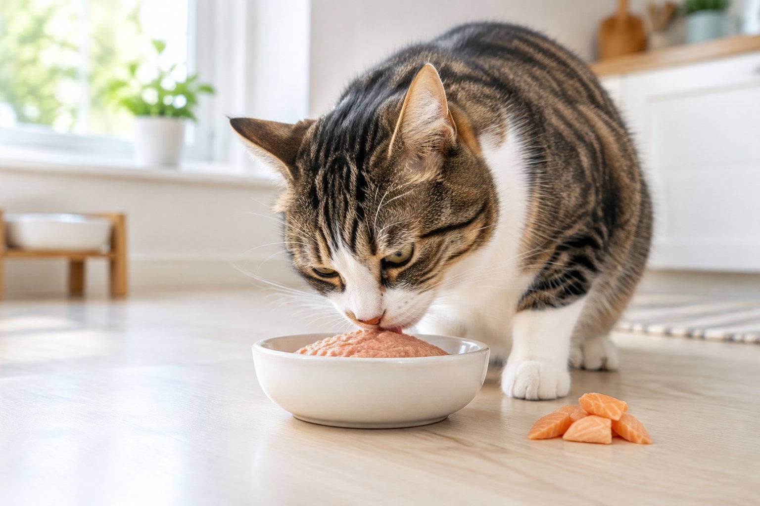 A cat eating salmon pâté from a ceramic dish.