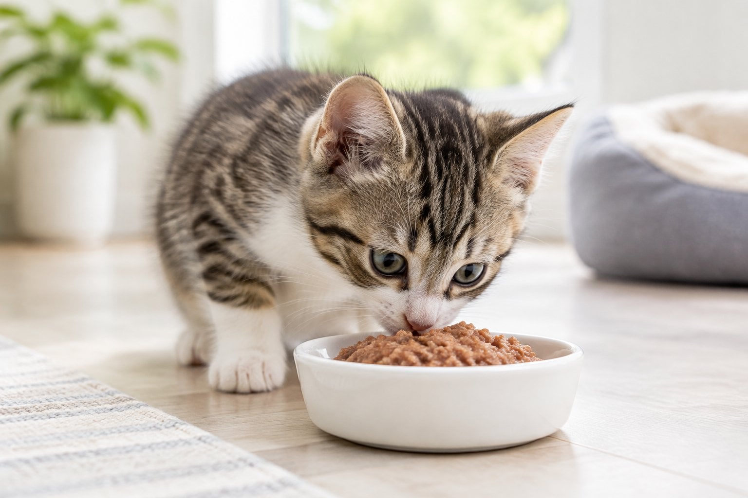 A young kitten eating wet food from a small dish.