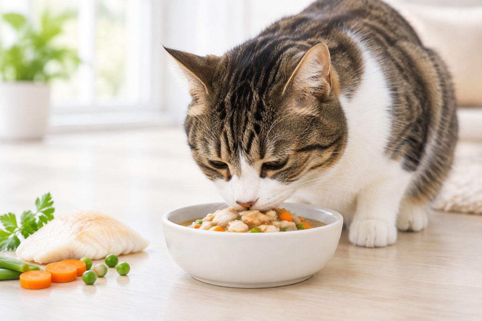 An adult cat eating fish and vegetables from a bowl.
