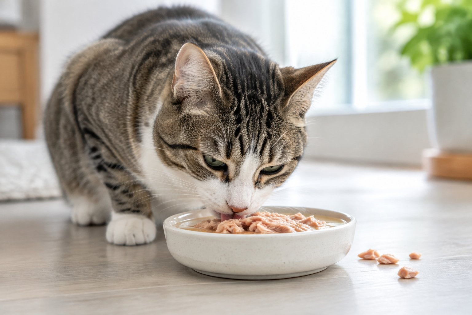 A cat eating tuna wet food from a ceramic dish.