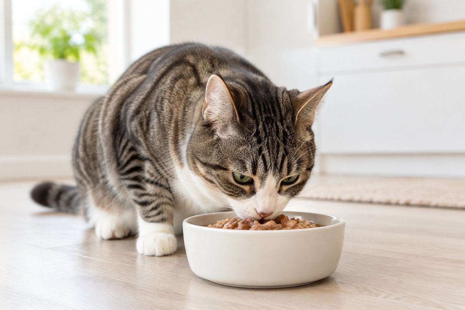 A cat eating wet food from a bowl in a bright kitchen.