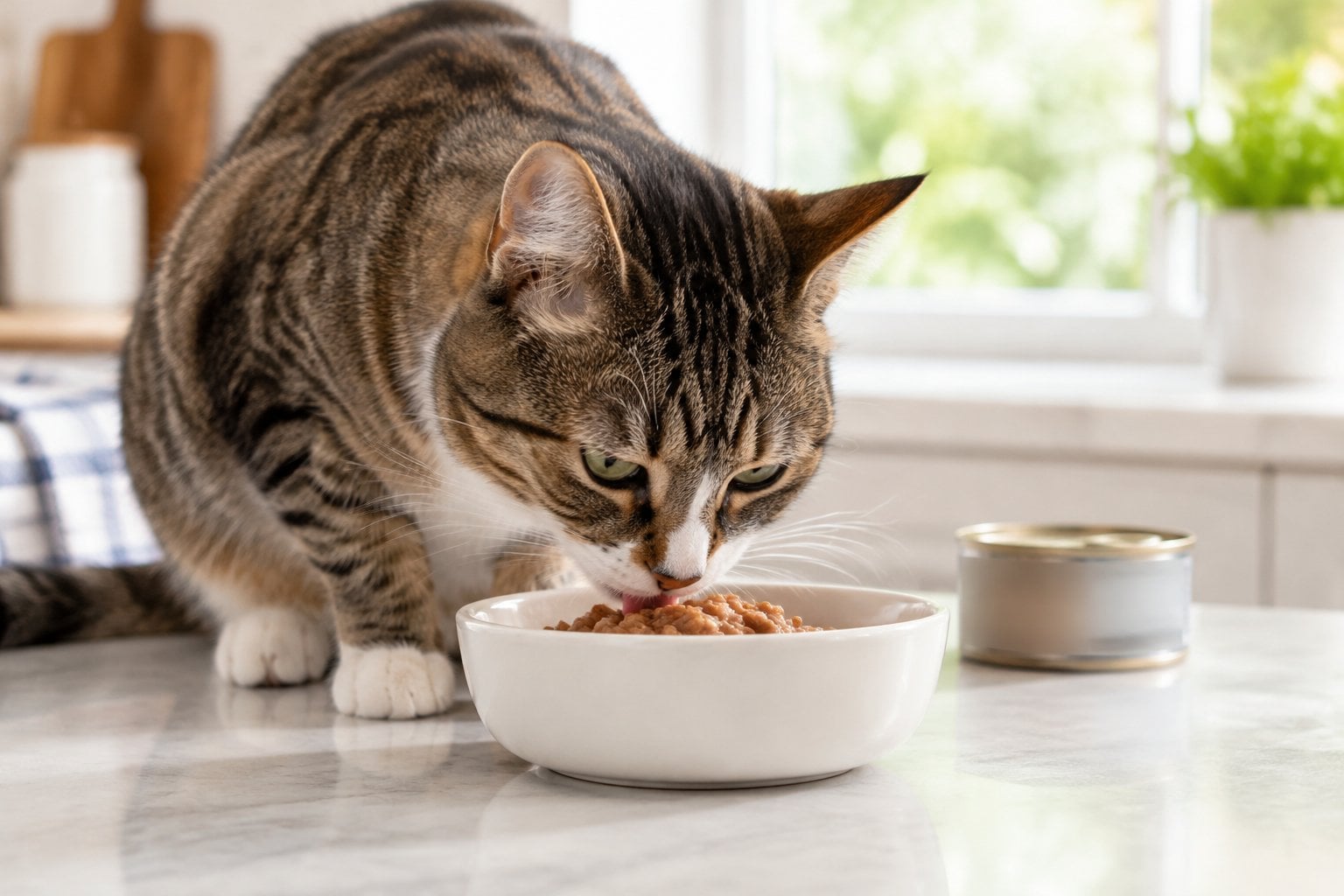 An adult cat eating wet food from a bowl in a bright kitchen.