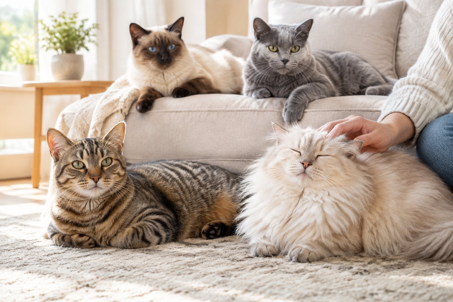 Several cats rest peacefully together in a bright living room.