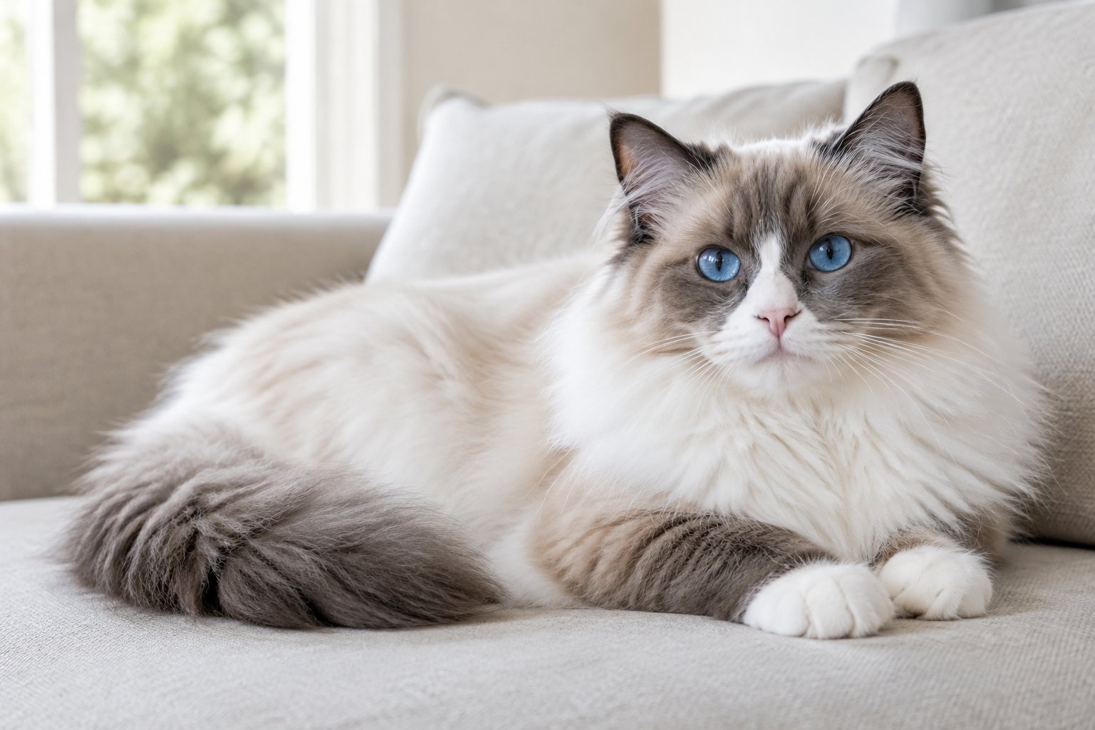 A relaxed Ragdoll cat rests on a sofa.