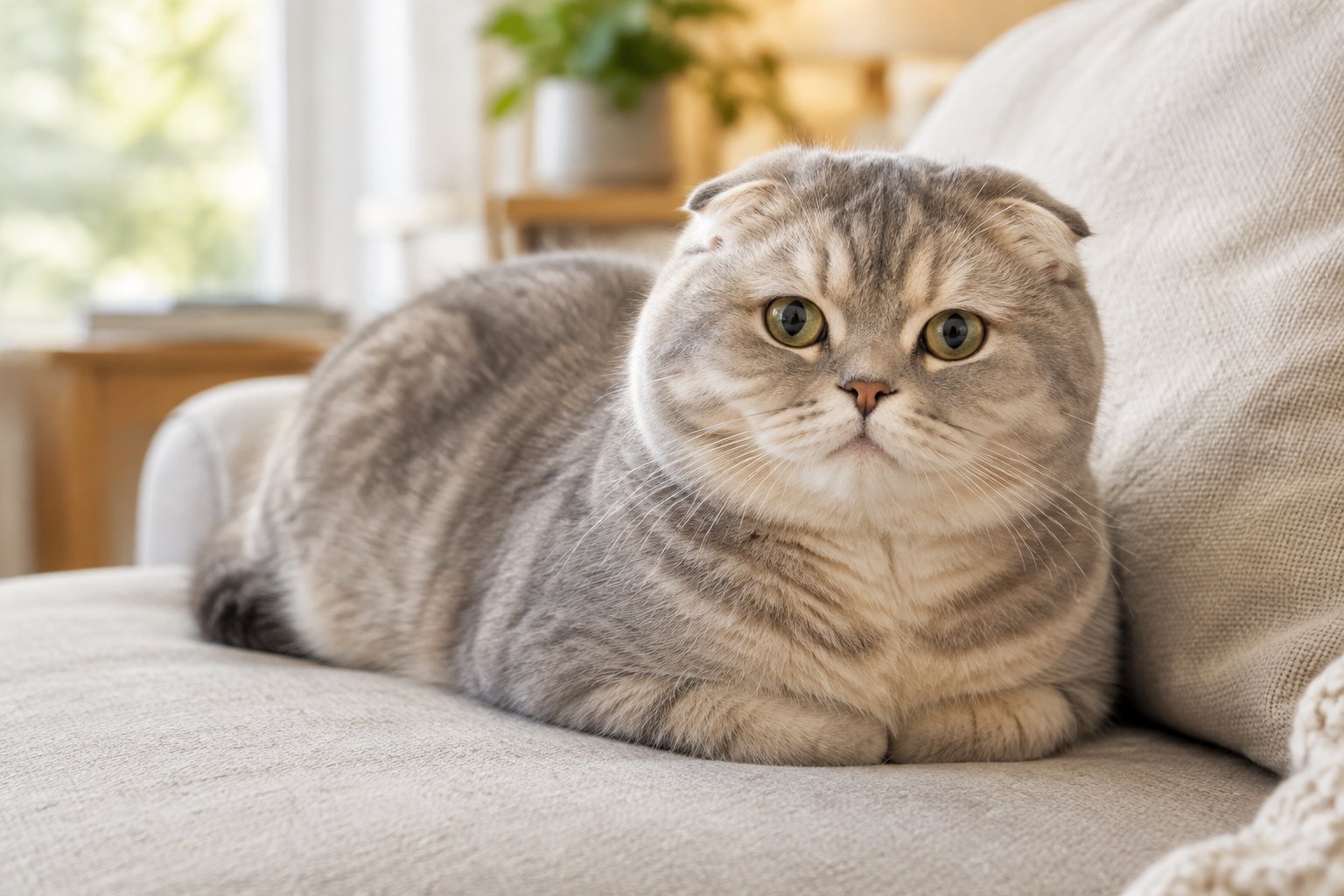 A Scottish Fold cat rests peacefully on a sofa.
