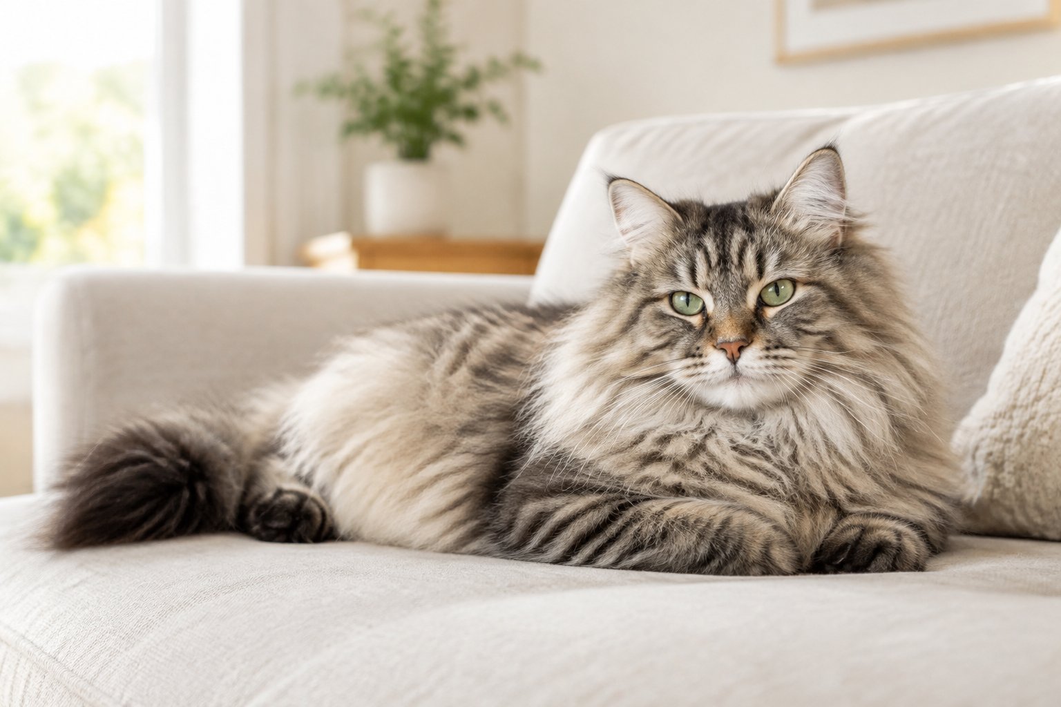 A fluffy Siberian cat resting calmly on a sofa.