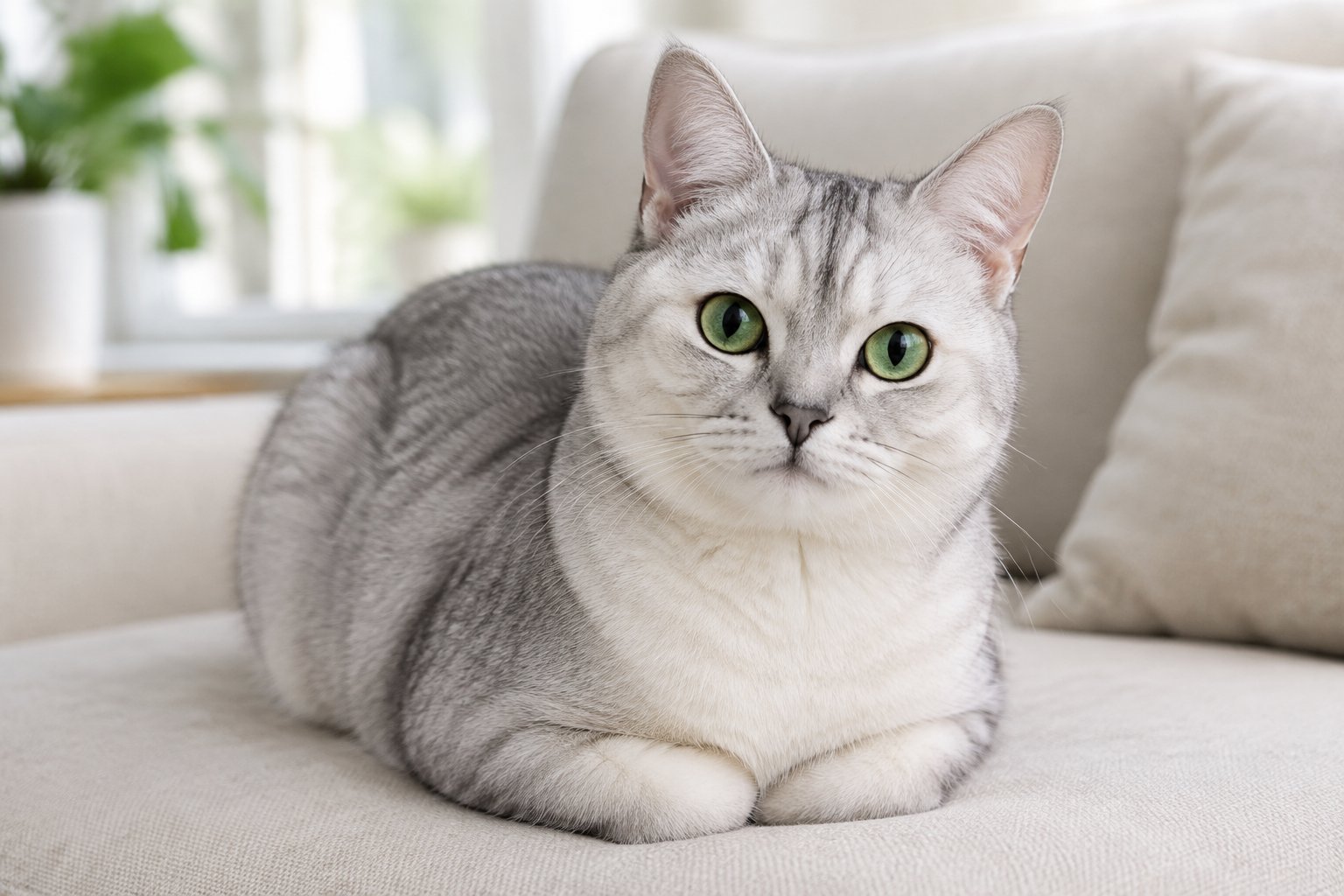 A calm silver Burmilla cat rests on a cream-colored sofa.