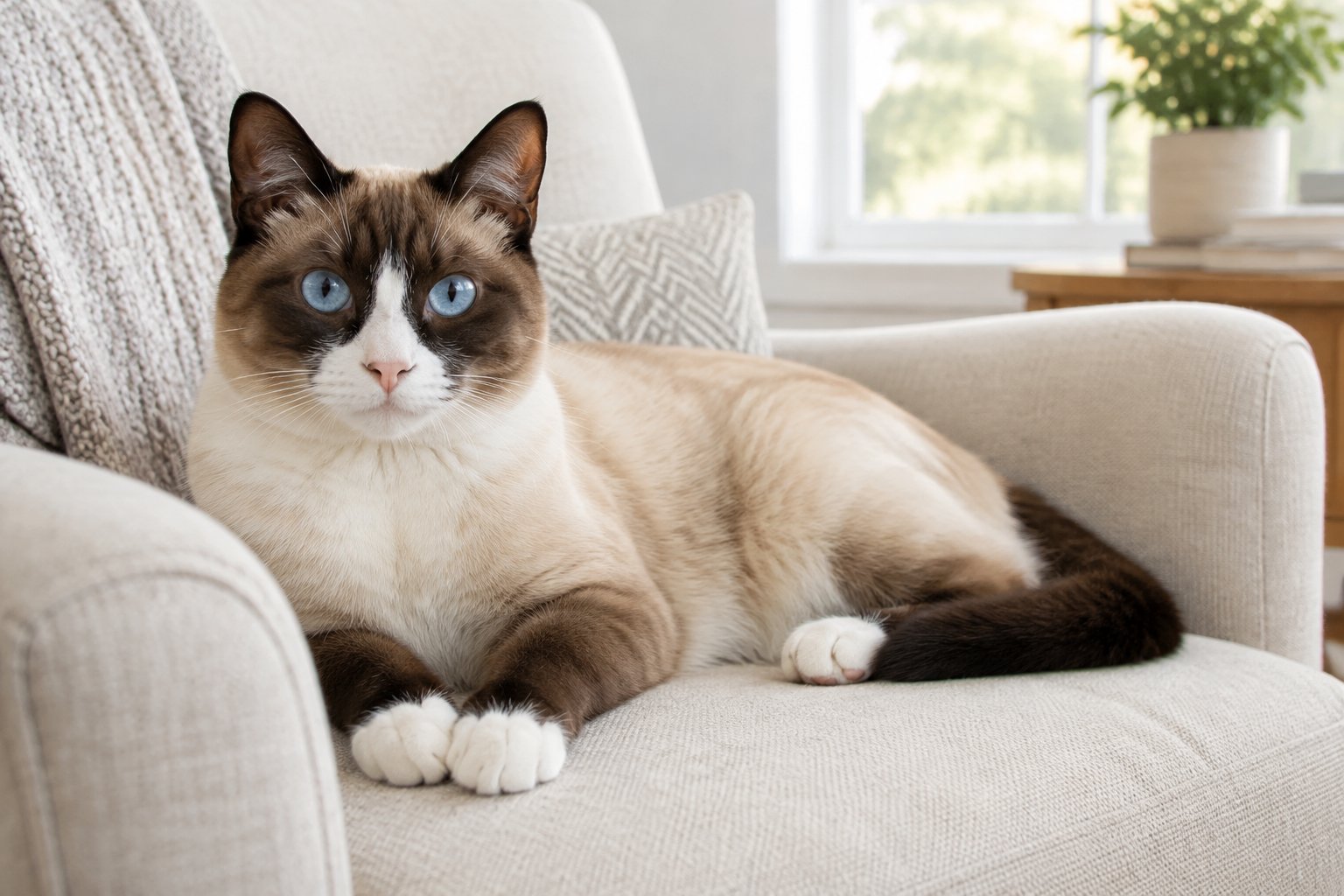 A relaxed Snowshoe cat rests on an armchair in a sunlit living room.