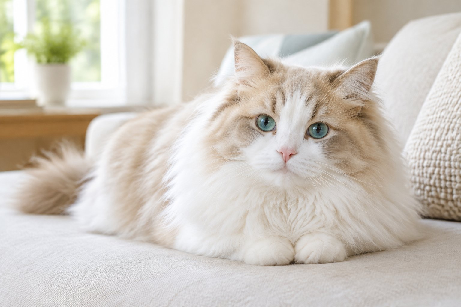 A fluffy cream-and-white cat rests peacefully on a sofa.