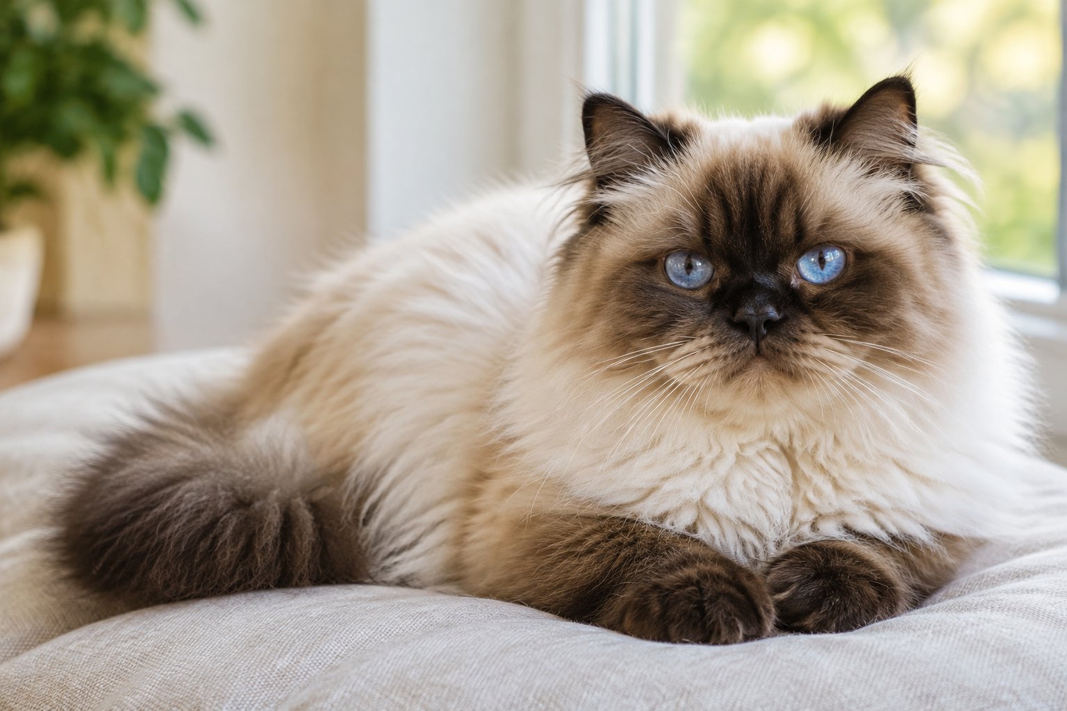 A relaxed Himalayan cat resting on a cushion beside a window.