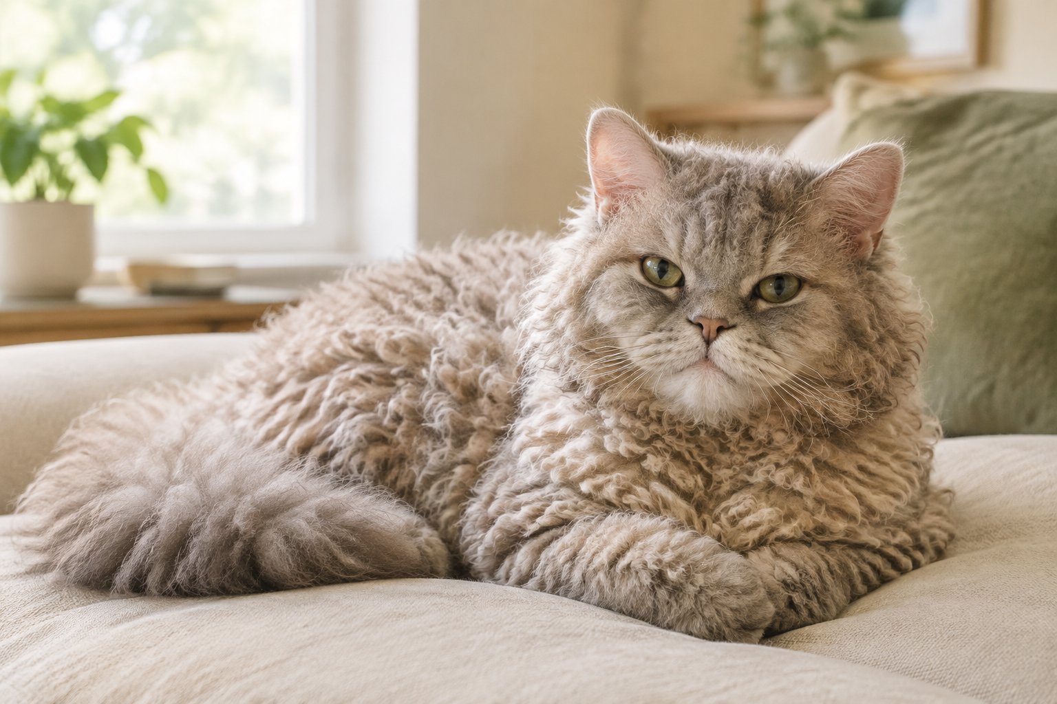 A relaxed curly-coated Selkirk Rex cat resting on a cushion in a sunlit room.