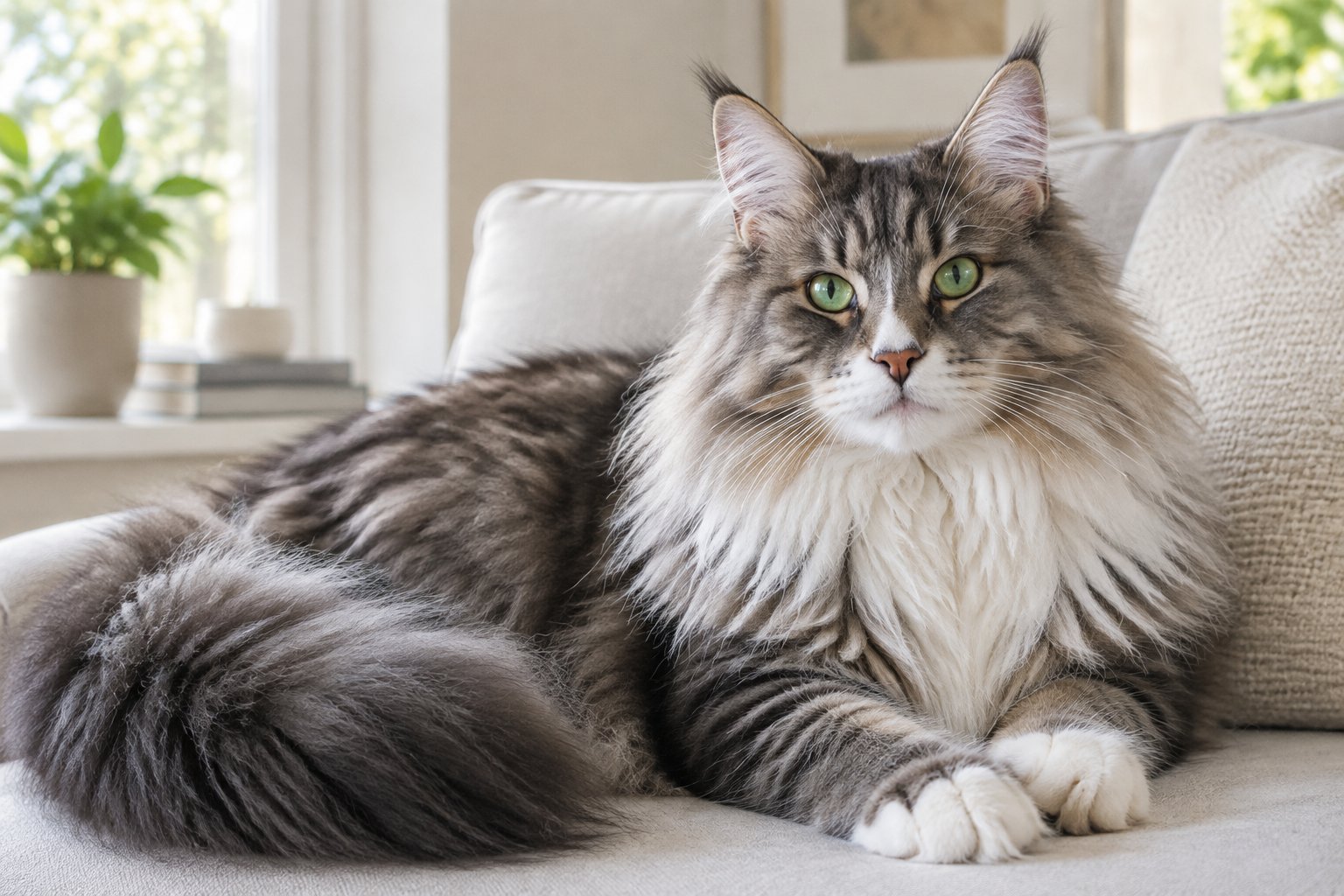 A fluffy Norwegian Forest Cat rests on a sofa beside a sunny window.