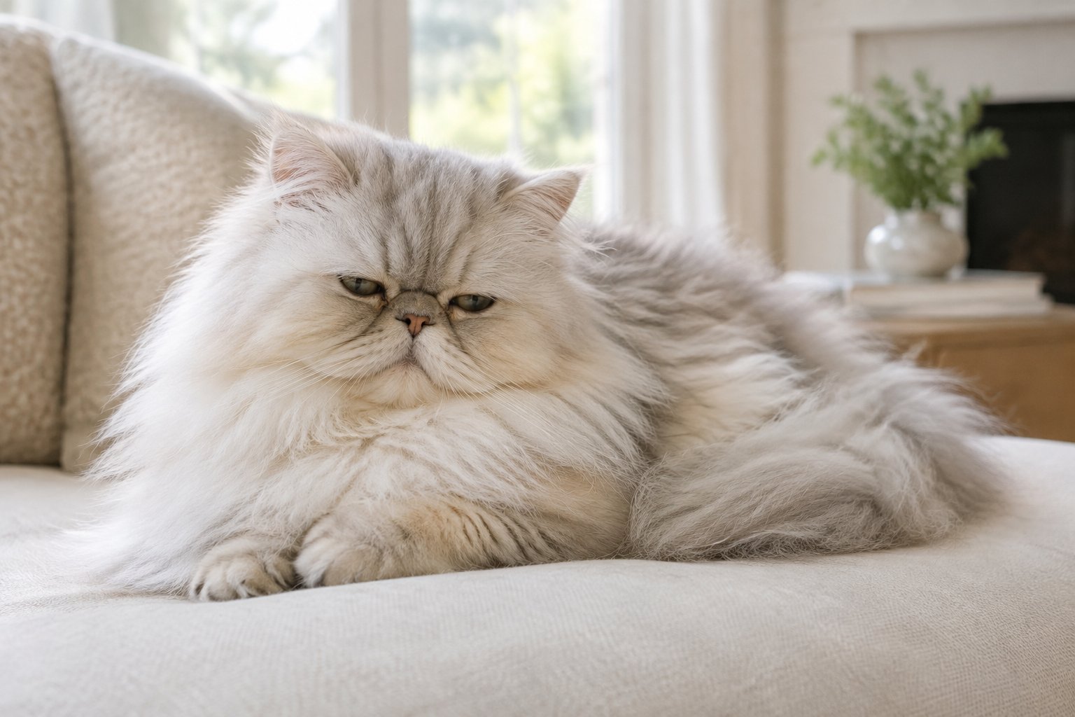 A relaxed Persian cat resting on a cushion in a bright living room.