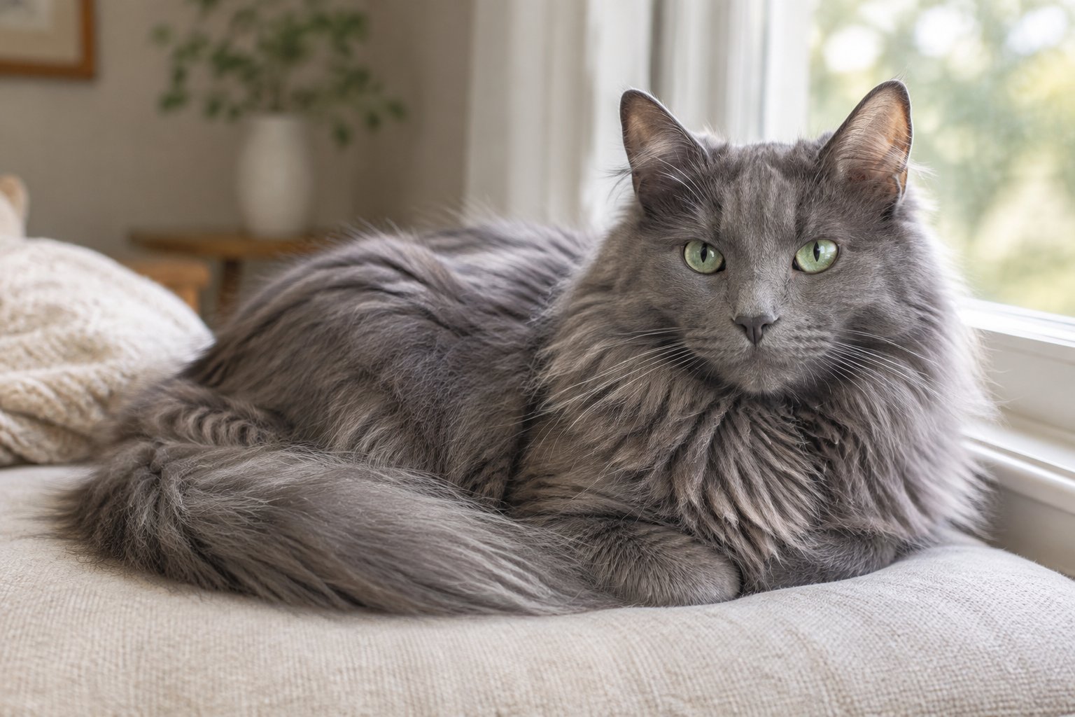 A blue-gray long-haired cat rests peacefully on a cushion beside a window.